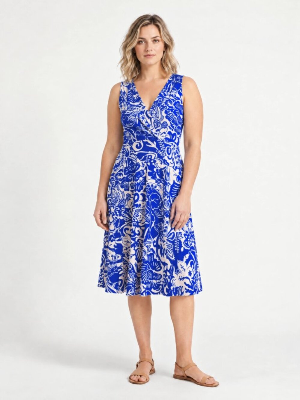 Karina Blue & White Floral Print Sleeveless V-Neck Midi Dress Size M